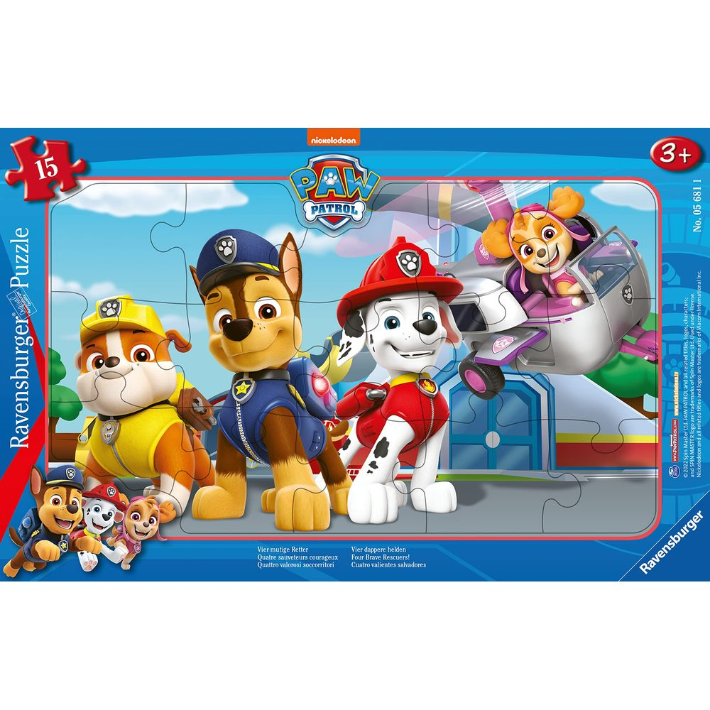 Quattro cuccioli di Paw Patrol davanti a un aereo. Si vedono Chase, Marshall, Rubble e Skye.