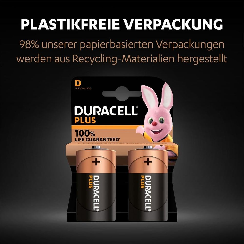 Baterie Duracell Plus D w opakowaniu bez plastiku z królikiem Duracell.