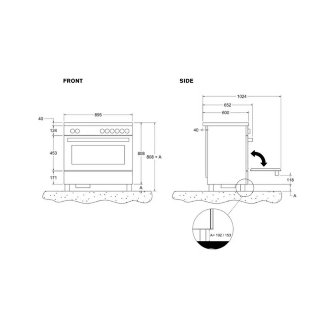 Disegno tecnico di una cucina con dimensioni e viste frontale/laterale.