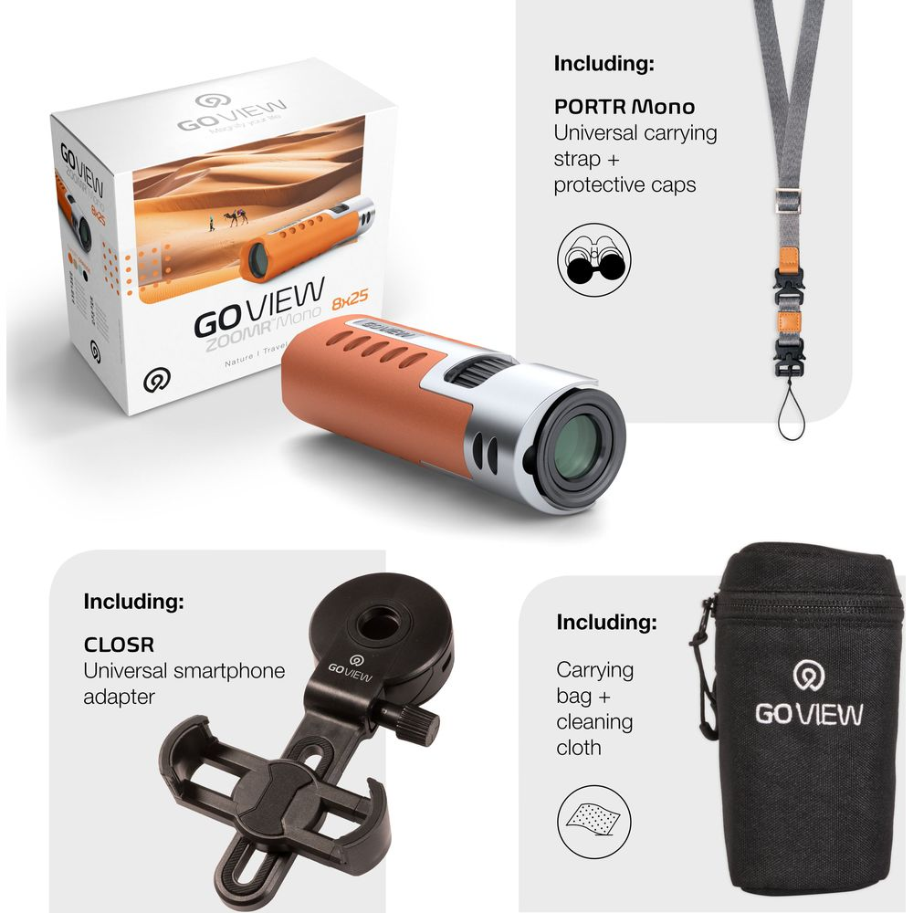 GOVIEW Zoomer Mono 8x25 con accessori: cinghia, tappi, supporto telefono, borsa.