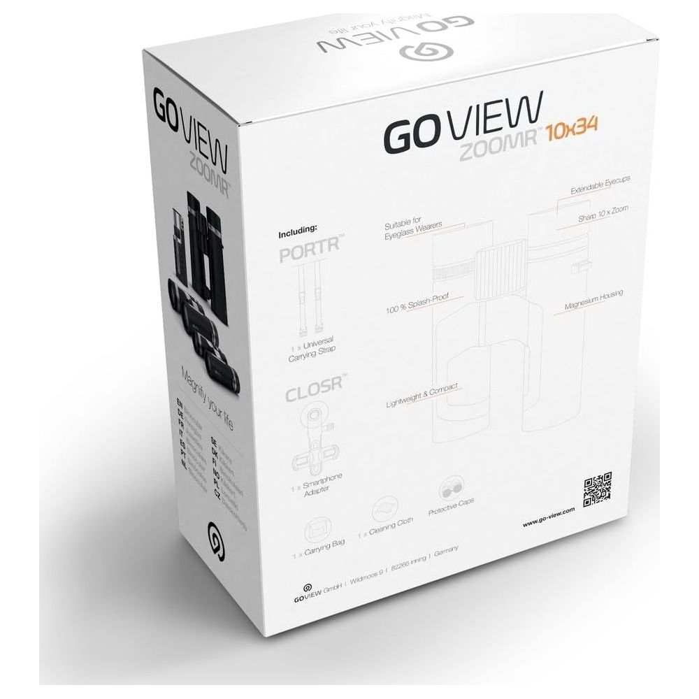 Emballage de jumelles GOVIEW ZOOMR 10x34 avec accessoires.