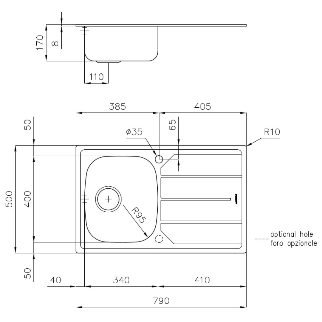 Disegno tecnico di un lavello con dimensioni.