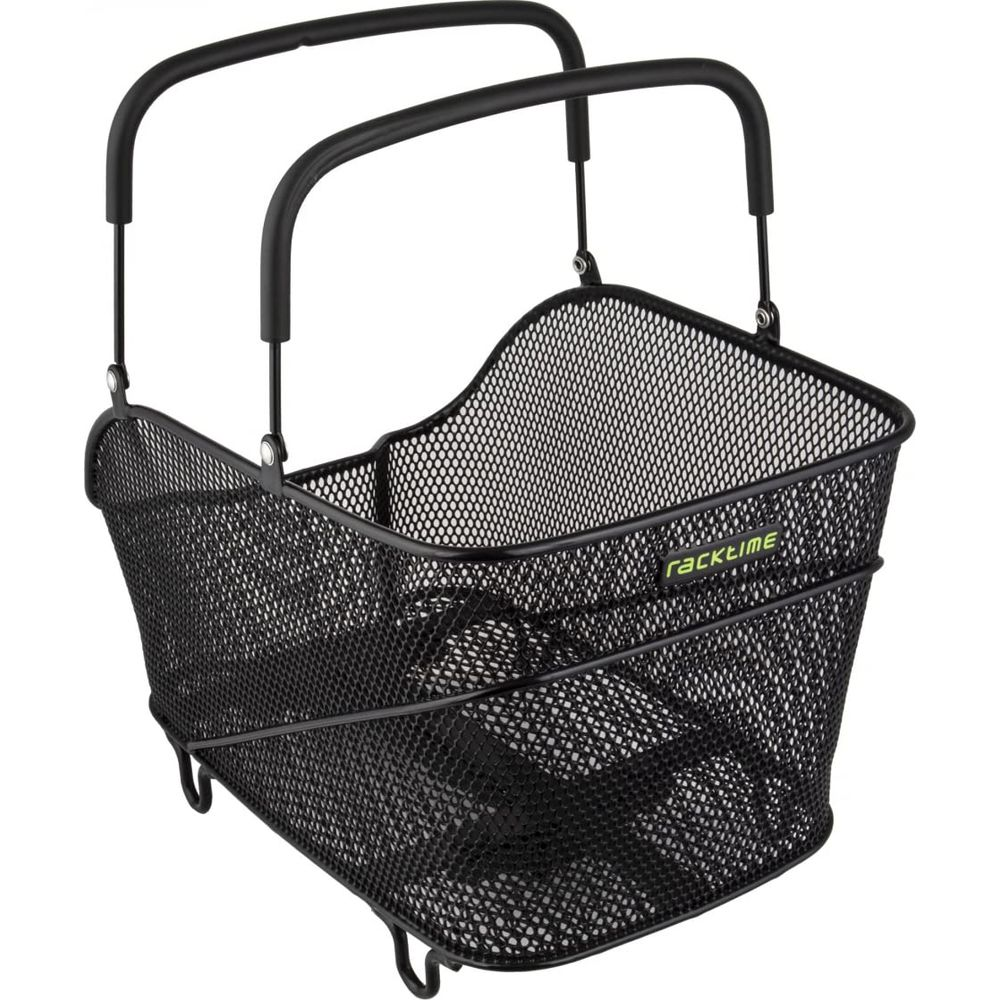 Un panier de vélo noir avec deux poignées et le logo