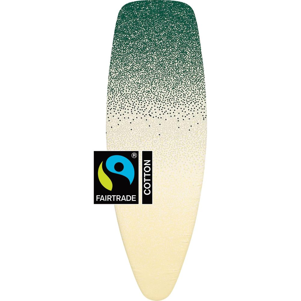 Housse de planche à repasser avec labels Fairtrade et Coton, motif à pois verts sur fond clair.