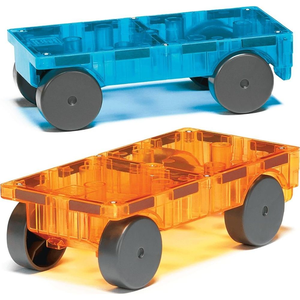 Deux véhicules transparents rectangulaires en blocs de construction avec des roues grises. L'un est bleu, l'autre orange.