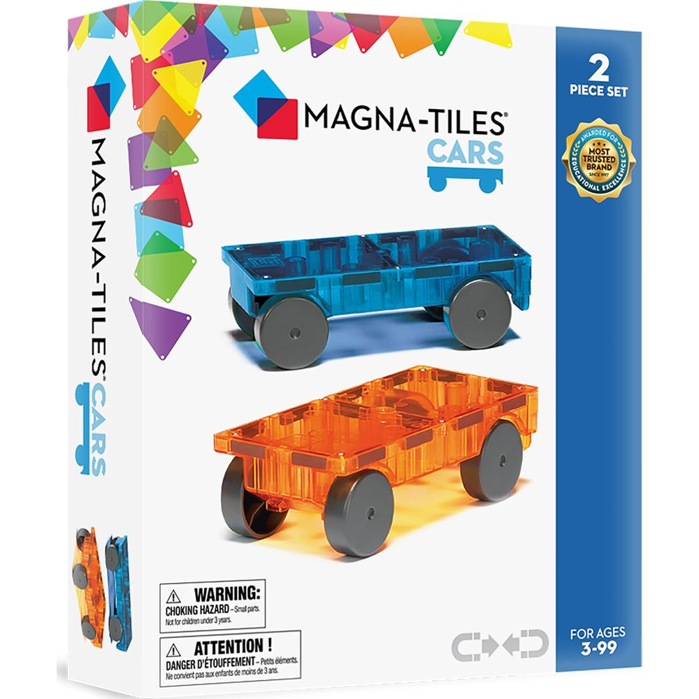 Emballage de jouet Magna-Tiles Cars : une voiture bleue et une orange.