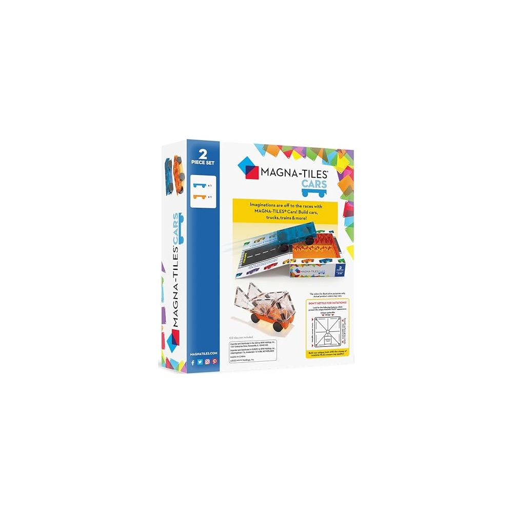 Boîte du set Magna-Tiles Cars avec voitures jouets et instructions.