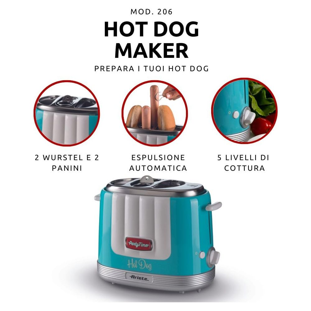 Turquoise en witte hotdog maker met sleuven voor 2 worsten en 2 broodjes.
