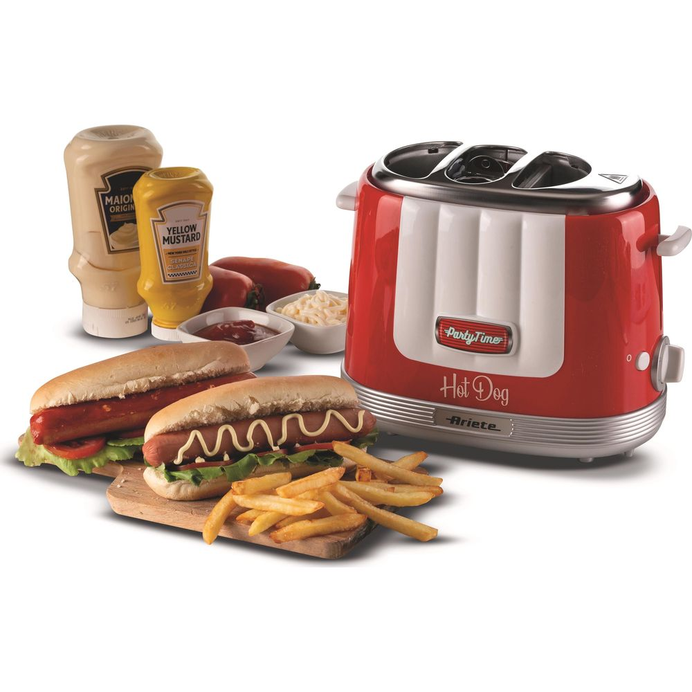 Máquina roja y blanca para perritos calientes con dos perritos, patatas fritas.
