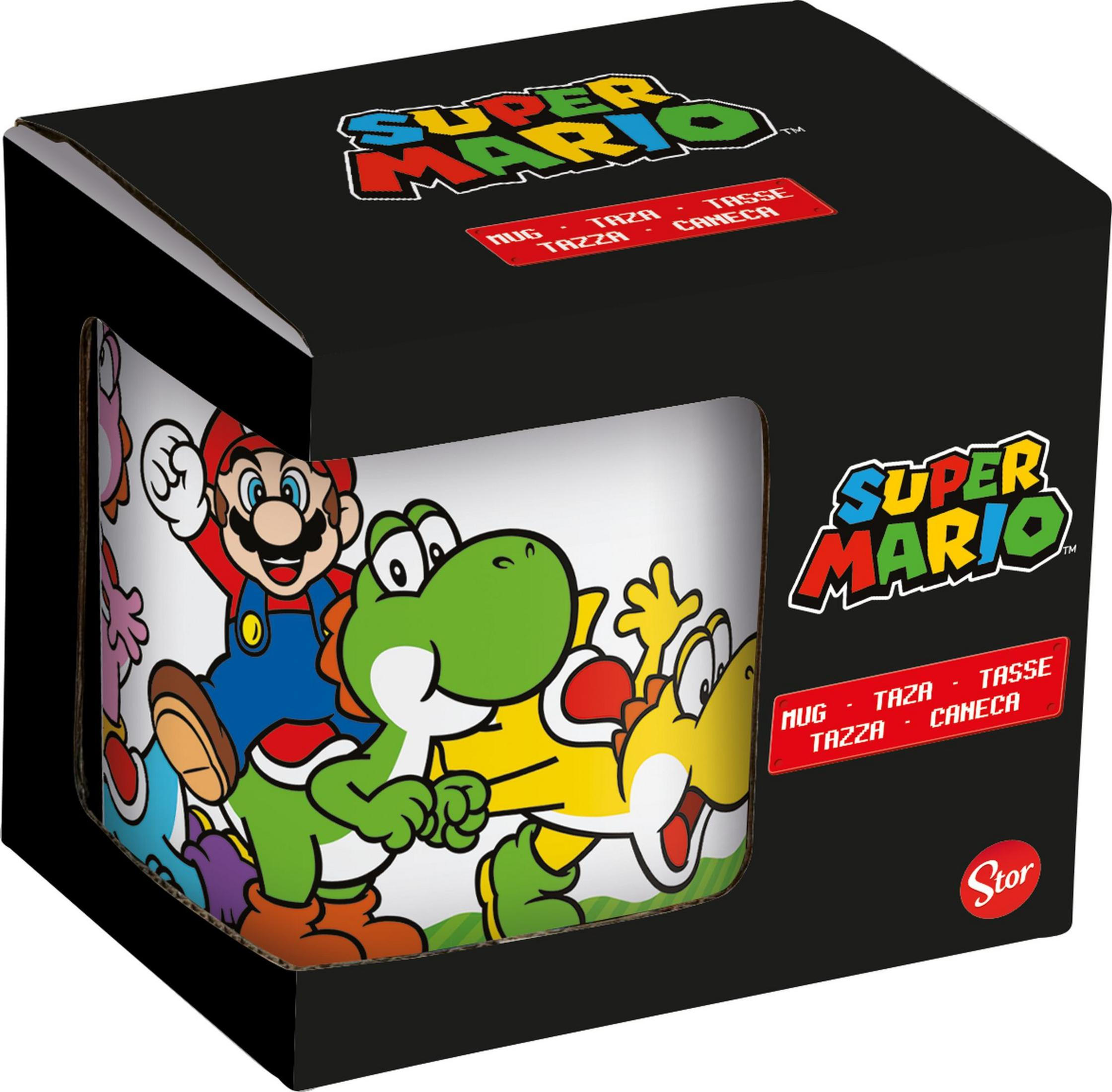 Super Mario-Verpackung mit Mario, Yoshi und einem Toad. Schwarz mit bunten Charakteren.
