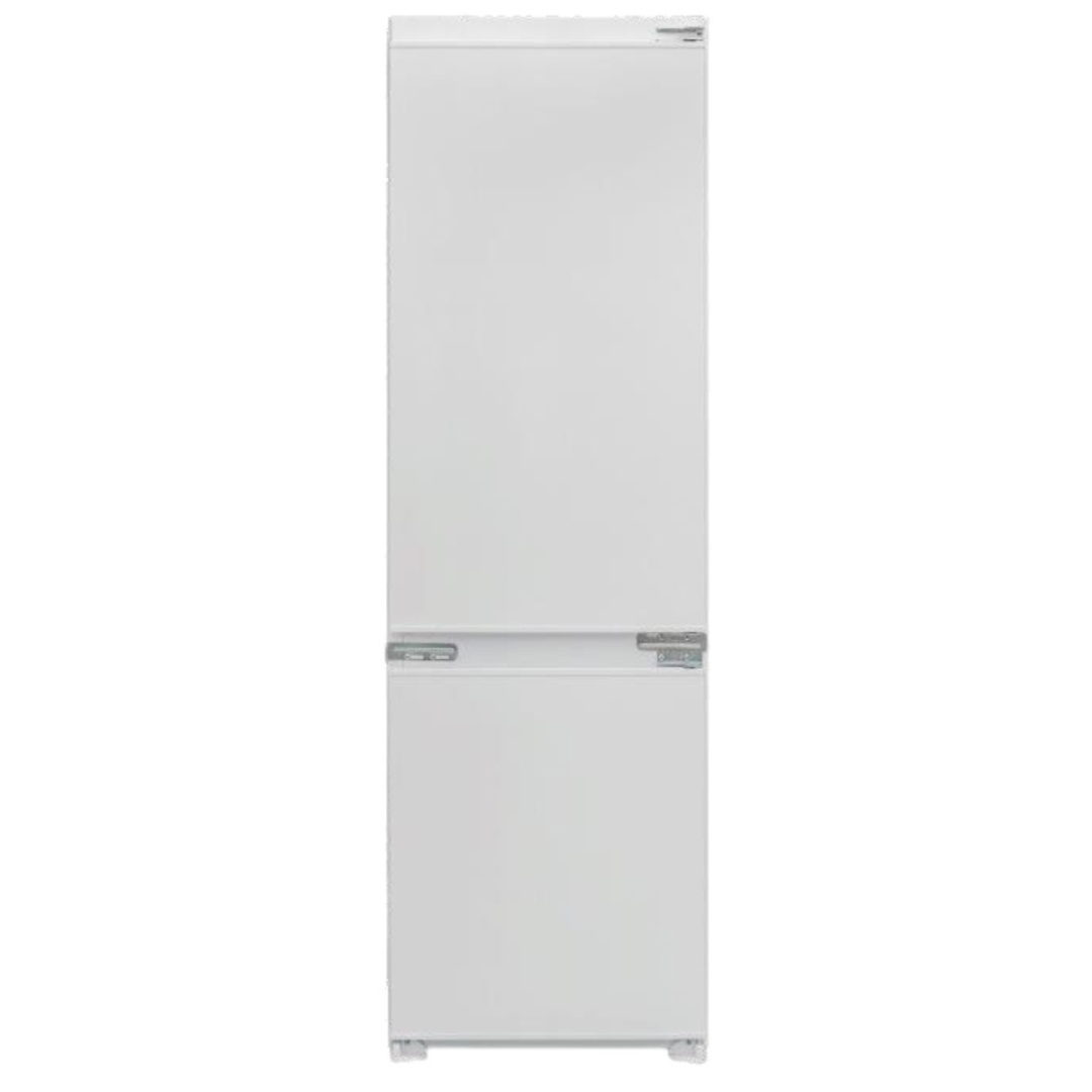 Un frigorifero bianco da incasso con due porte, una sopra e una sotto.