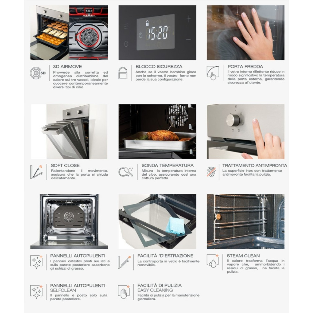 Forno con 3D Airmove, Blocco sicurezza, Porta fredda, Soft Close, Sonda Temp.