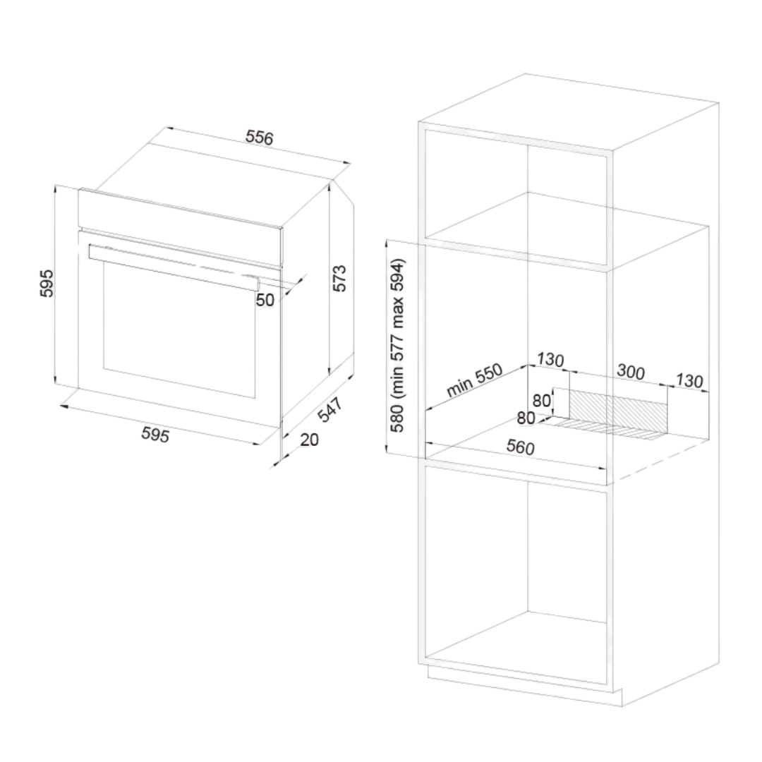 Disegno tecnico di un forno da incasso con dimensioni.