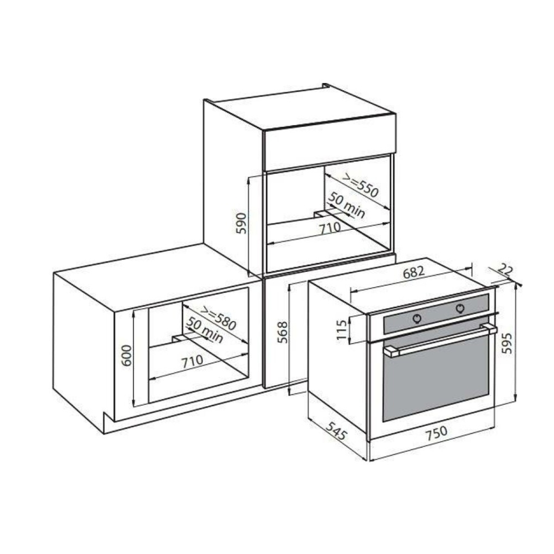 Disegno tecnico di un forno da incasso con dimensioni.