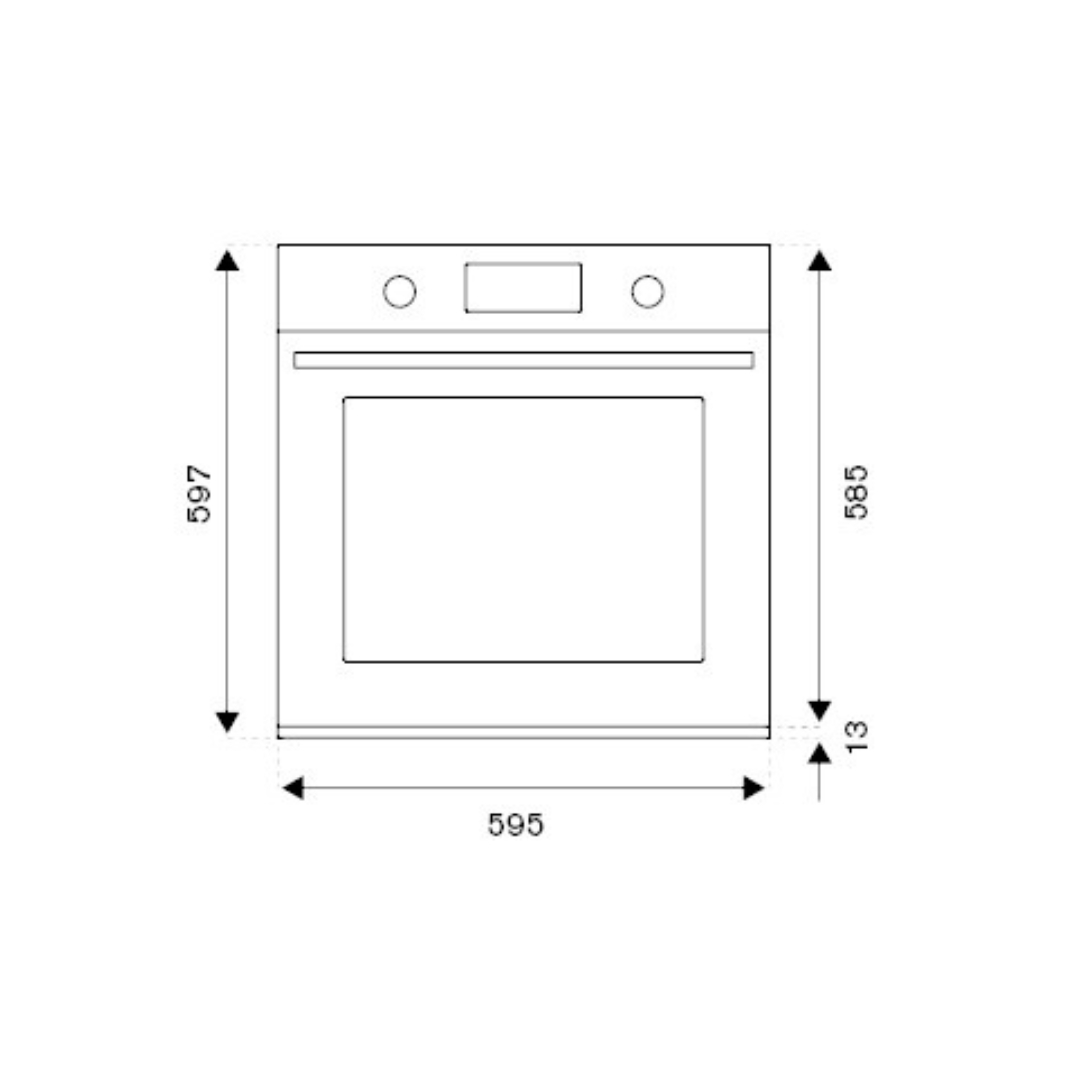 Disegno tecnico di un forno da incasso con dimensioni: 597mm (A), 595mm (L), 585mm (P).