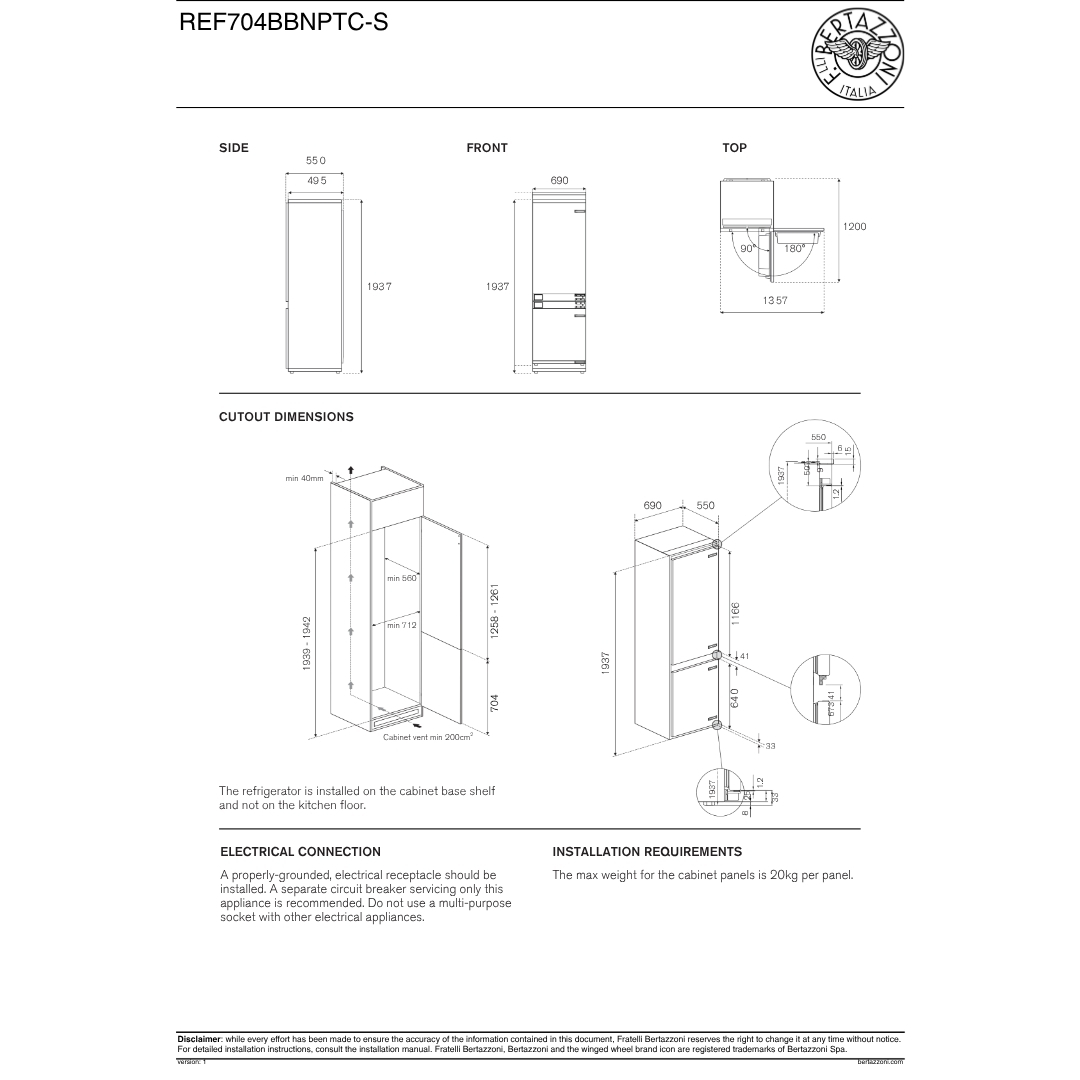 Disegno tecnico di un frigorifero con viste laterali, frontali e dall'alto, e dimensioni di incasso.