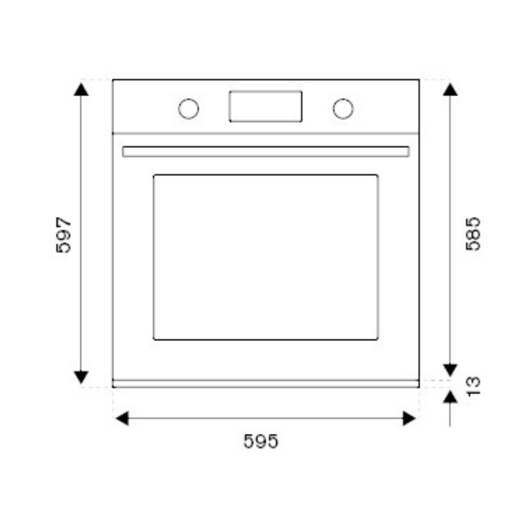 Disegno tecnico di un forno da incasso con dimensioni 595x597x585mm.