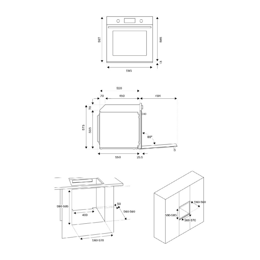 Disegno tecnico di un forno da incasso con dimensioni.