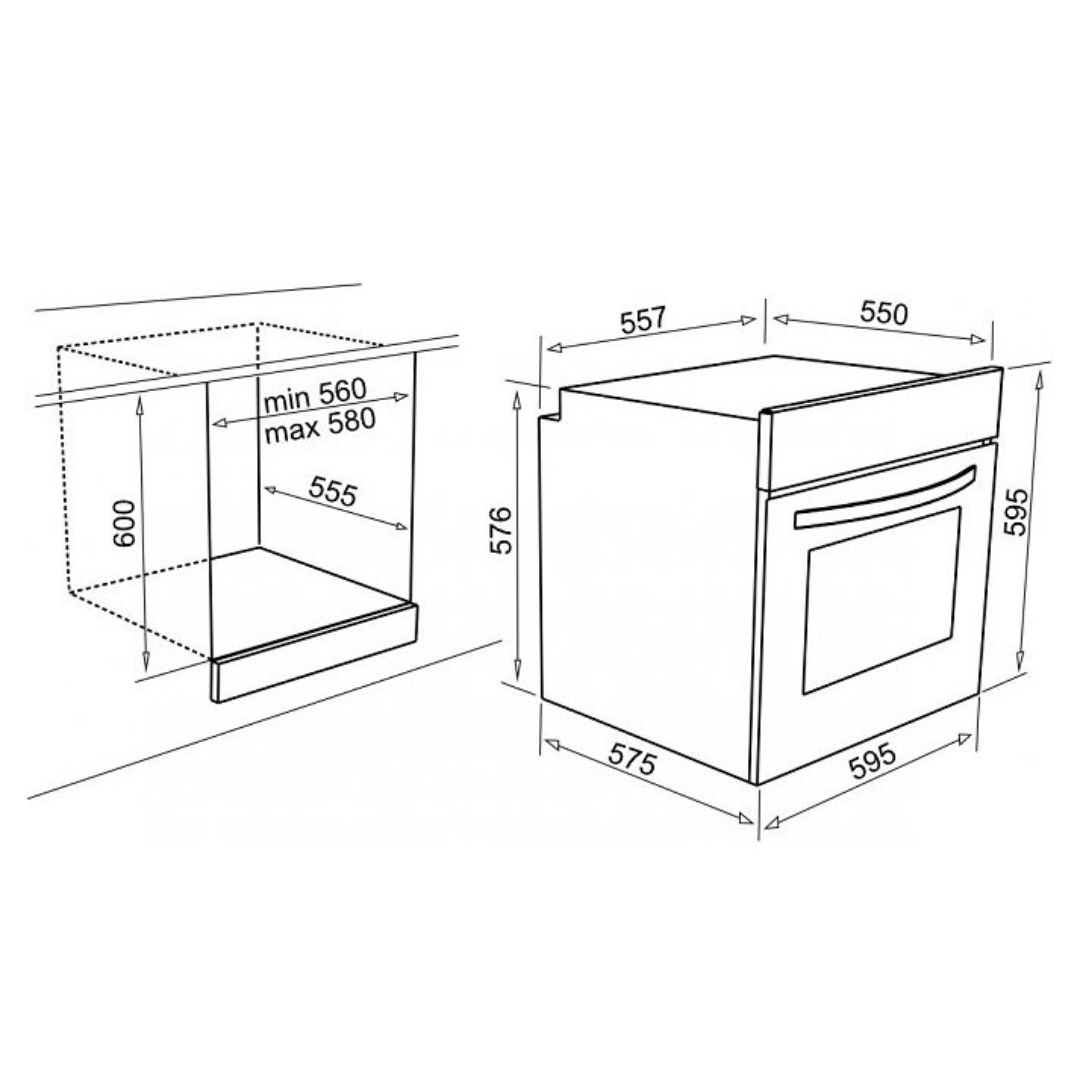 Disegno tecnico di un forno da incasso con dimensioni: Altezza 600mm, Larghezza 575mm, Profondità 595mm.