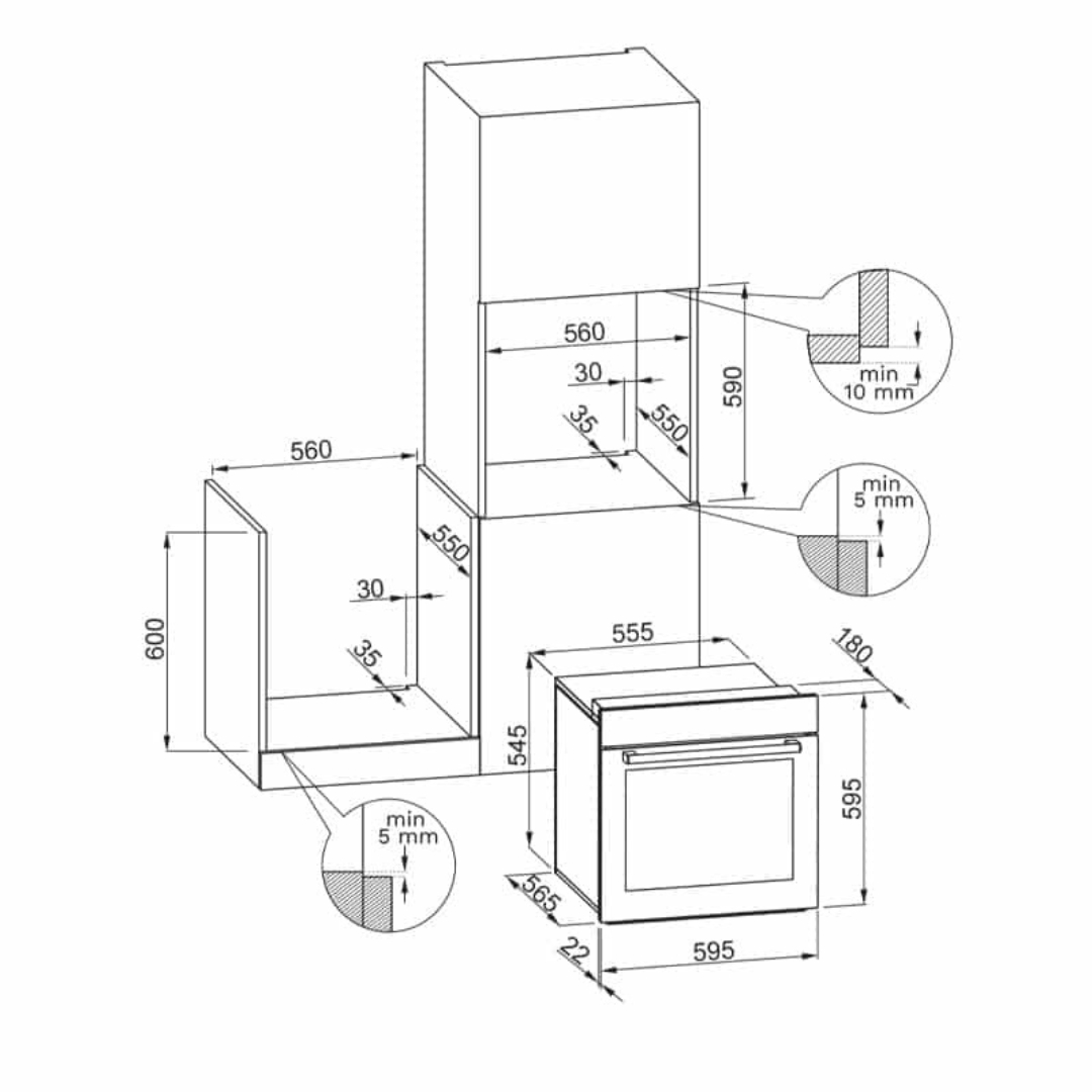 Disegno tecnico di un forno da incasso con dimensioni e dettagli di installazione.