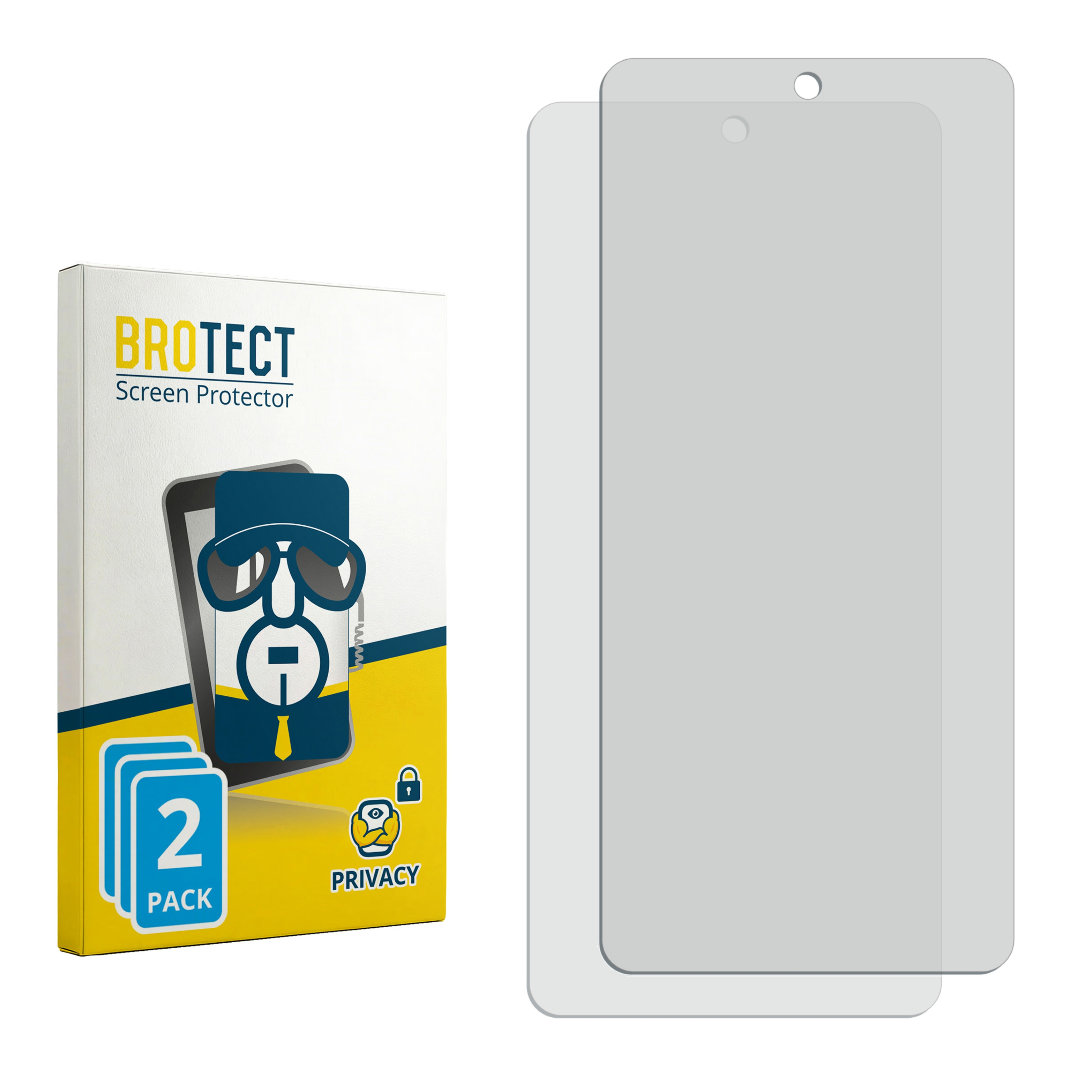 Verpackung mit zwei Displayschutzfolien für Smartphones. Weiß-gelbes Design.