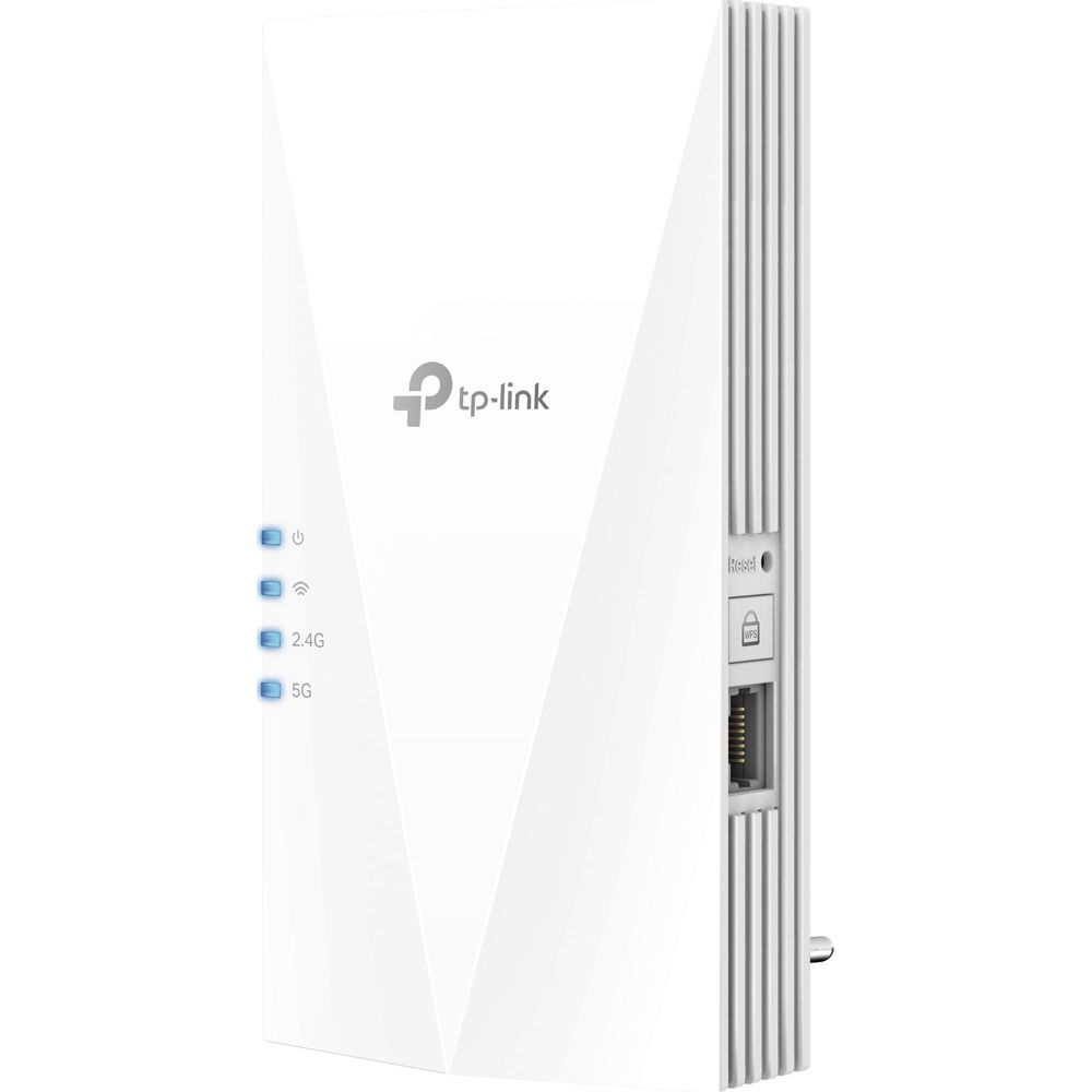 Un extensor Wi-Fi TP-Link blanco con luces indicadoras y un puerto Ethernet.