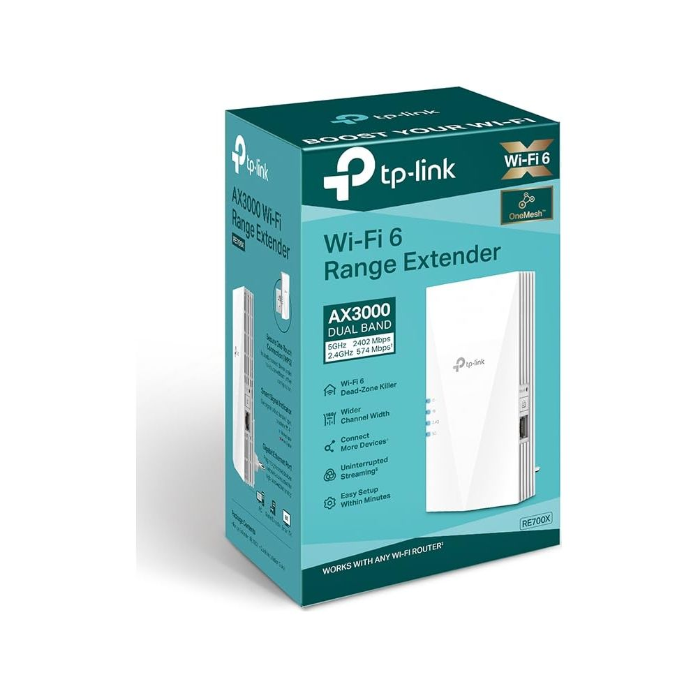 Extensor Wi-Fi 6 TP-Link AX3000 Dual Band RE700X en su caja.