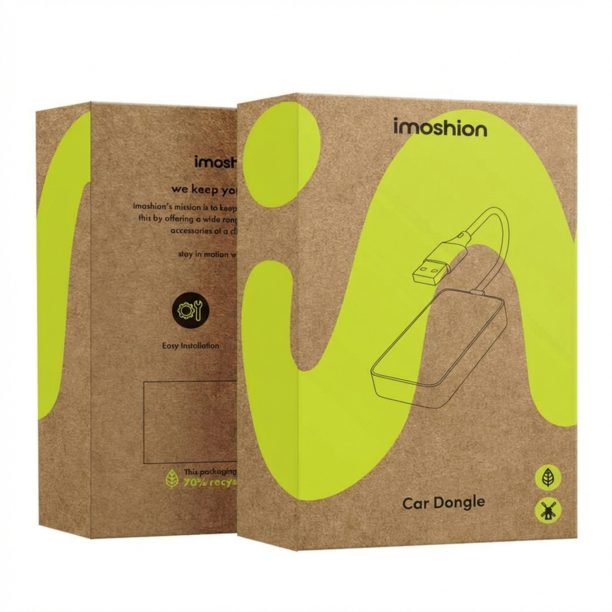 Two Imoshion car dongle boxes with green design and USB connector illustration.