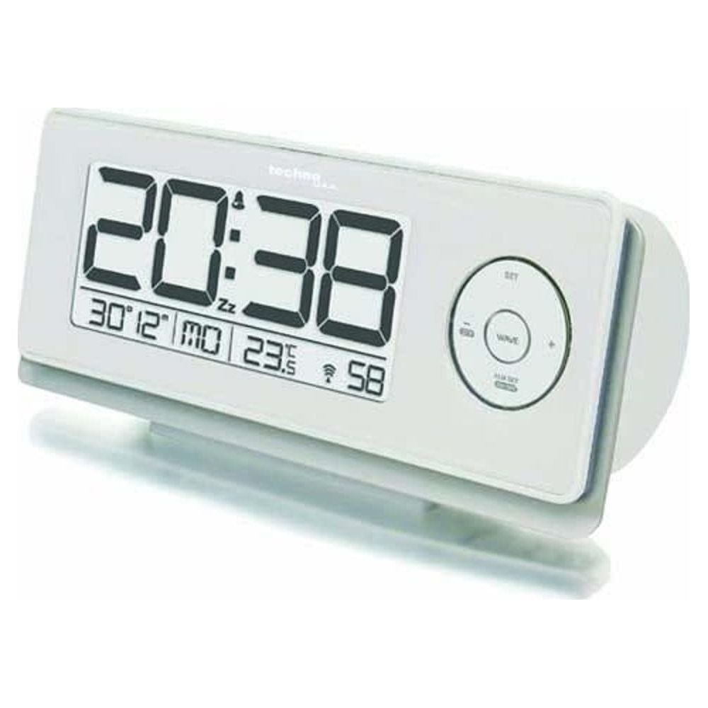 Digitaler Wecker zeigt 20:38 Uhr, 30°C, Mo, 23.5°C und 58% an.