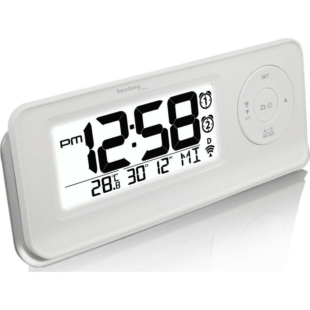 Ein weißer Digitalwecker zeigt 12:58 PM, 28,6°C und andere Symbole an.