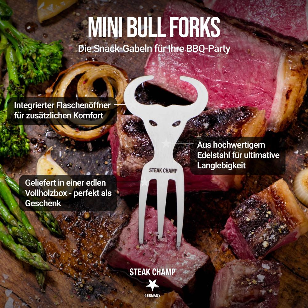 Mini Bull Forks Steak Champ Gabel aus Edelstahl mit Fleisch und Spargel.