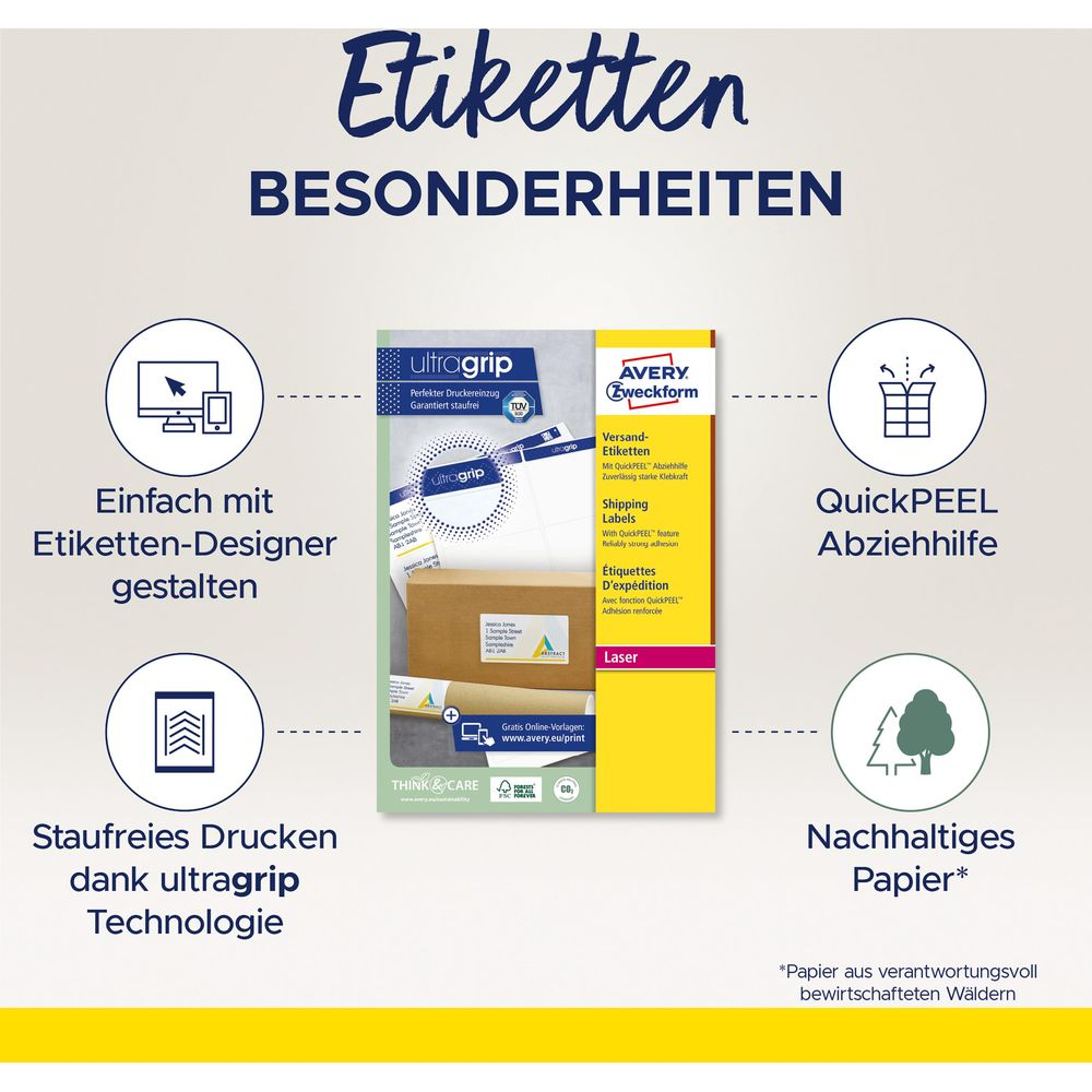 Avery Zweckform Etiketten: ultragrip, QuickPEEL, nachhaltiges Papier.