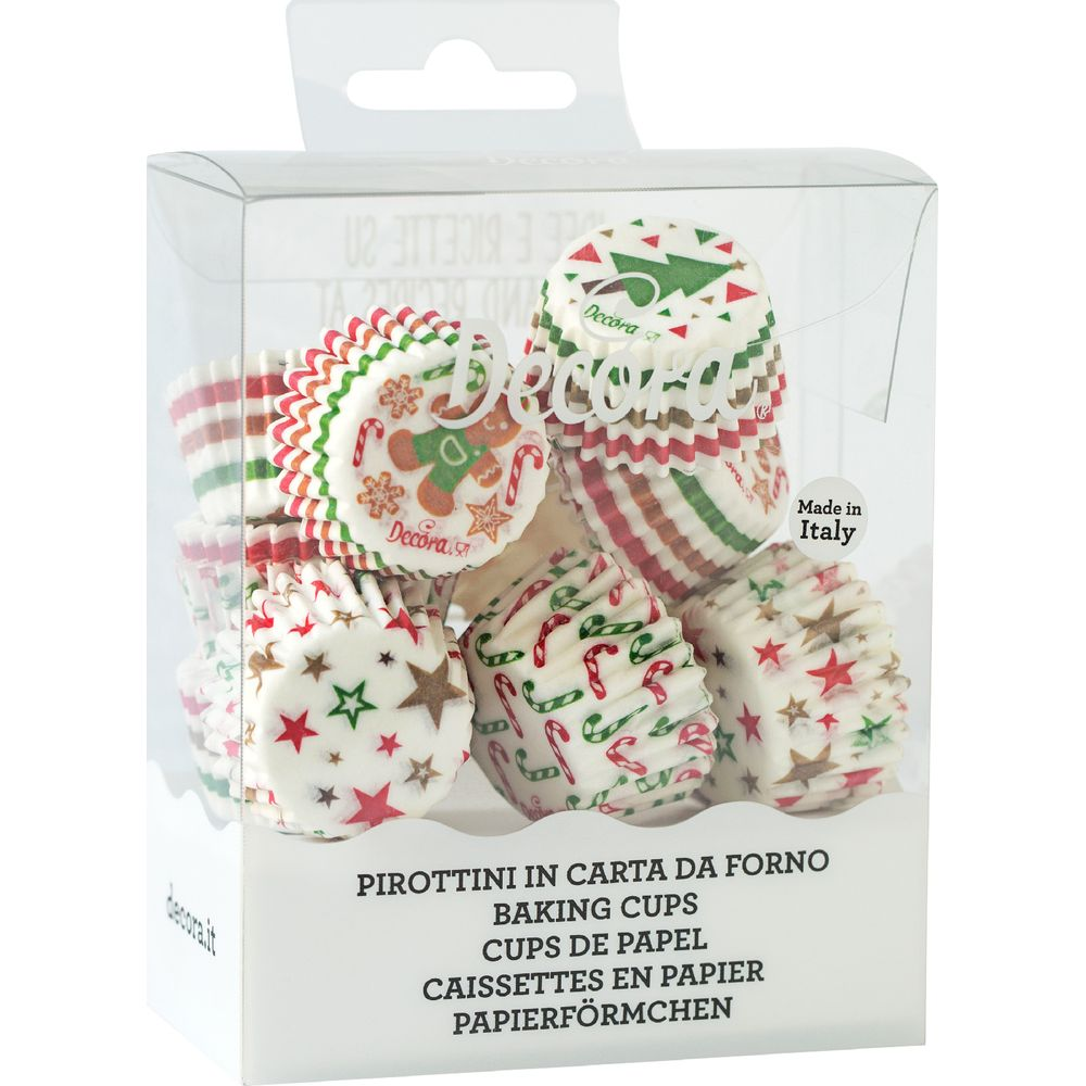 Verpackung mit Weihnachtsmotiv-Backförmchen in Rot, Grün und Weiß.