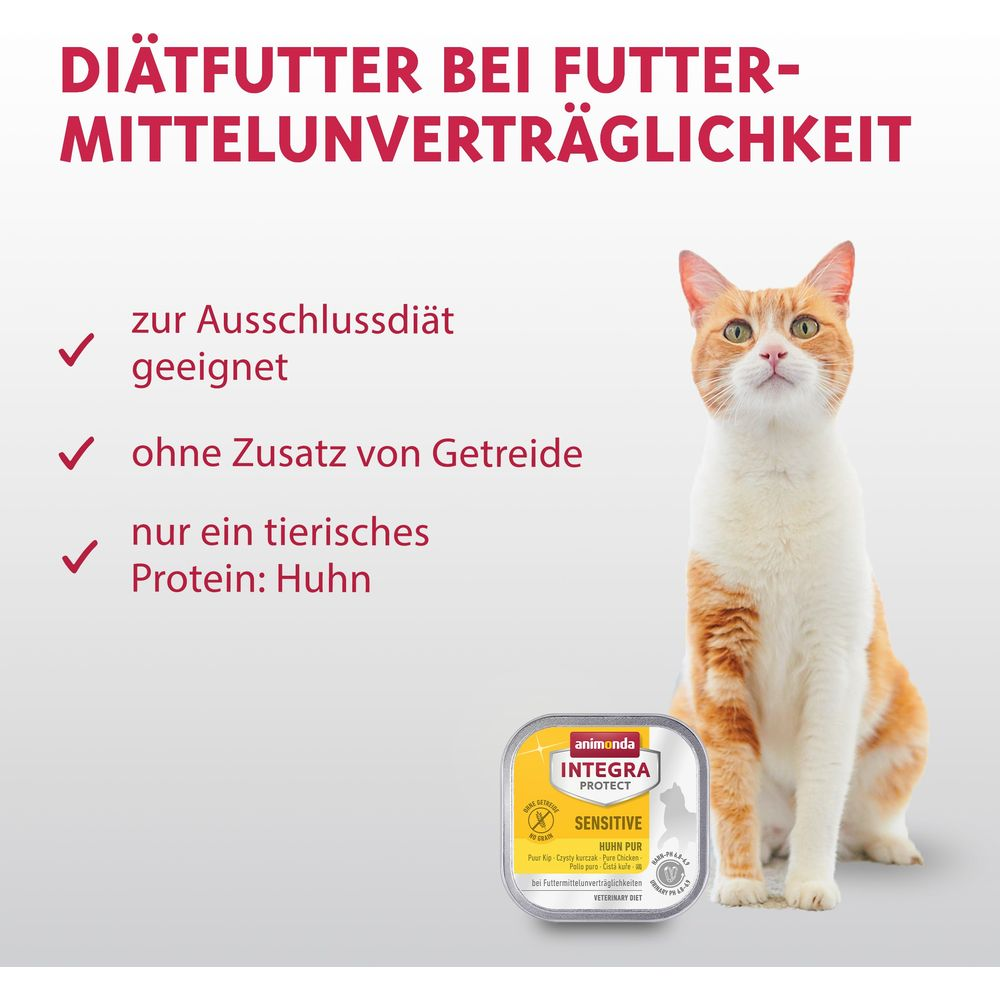 Kot siedzi obok puszki Animonda Integra Protect dla potrzeb dietetycznych.