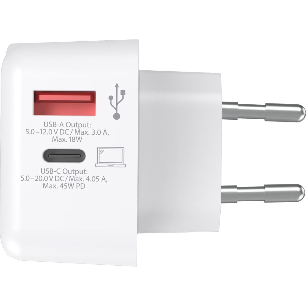 Una spina di ricarica USB bianca con porte USB-A e USB-C.