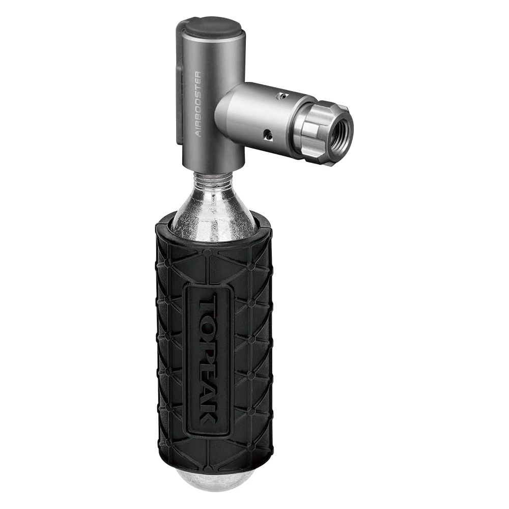 Ein silberner CO2-Inflator mit schwarzem Griff und der Aufschrift TOPEAK.