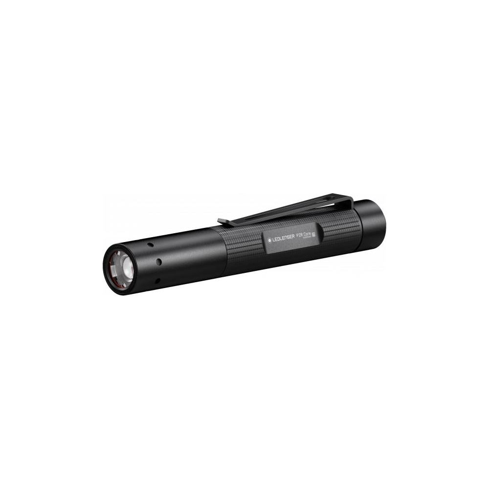 Lampe torche Ledlenser noire avec clip, isolée sur fond blanc.