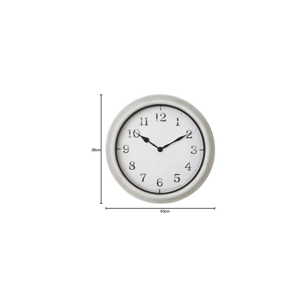 Weiße Wanduhr mit schwarzen Ziffern und Zeigern, 63cm breit.