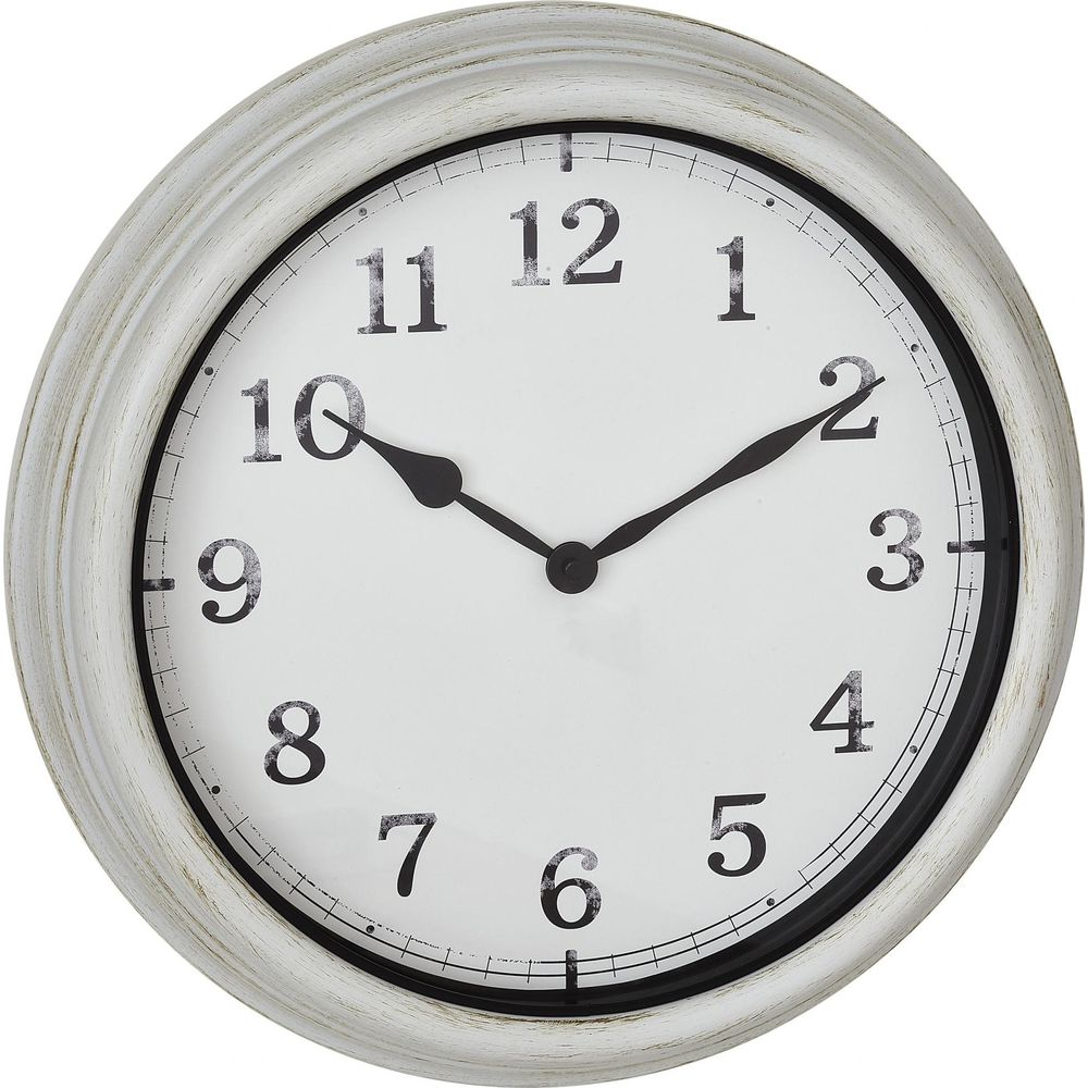 Eine weiße Wanduhr mit schwarzen Zahlen und Zeigern, die 9:50 Uhr anzeigt.