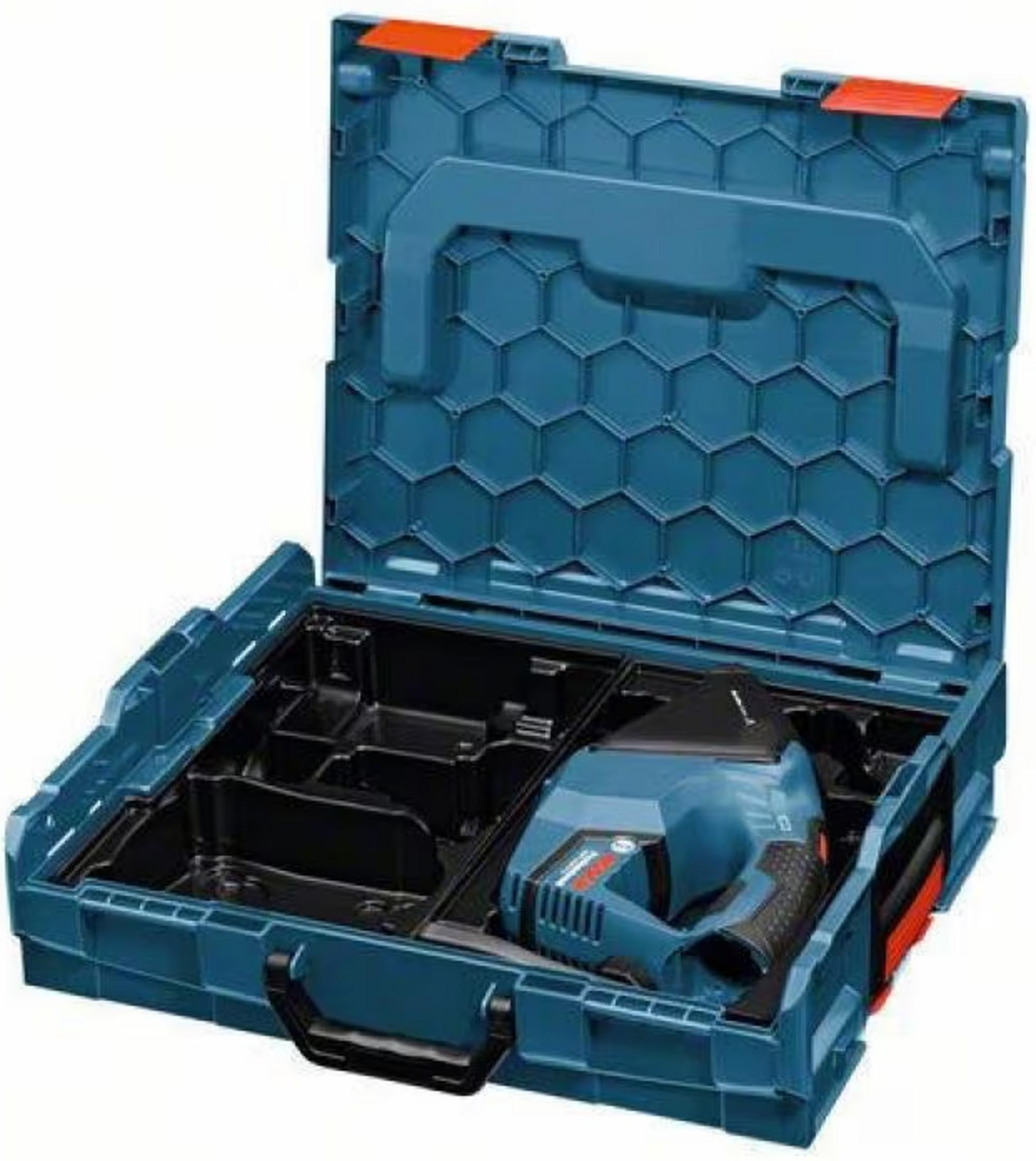 Una caja de herramientas azul con un taladro percutor azul y detalles naranjas.