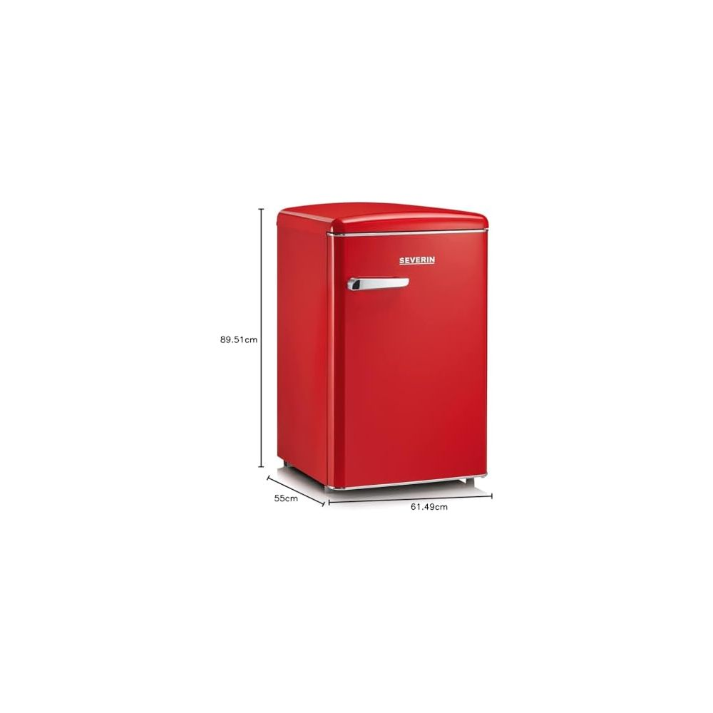 Ein roter Retro-Kühlschrank mit silbernem Griff und Markennamen.