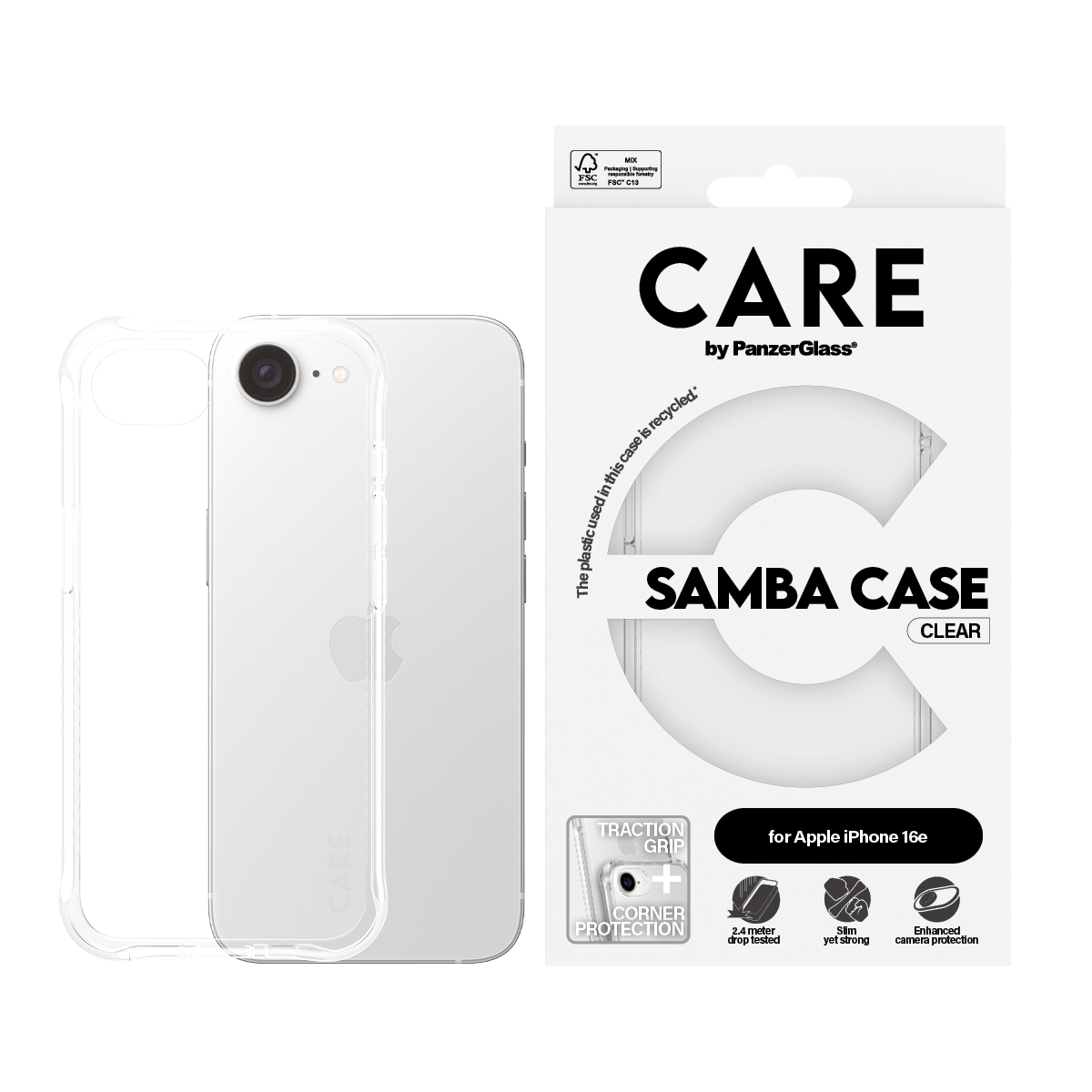 Coque transparente pour iPhone 16e avec emballage. Texte : CARE SAMBA CASE.