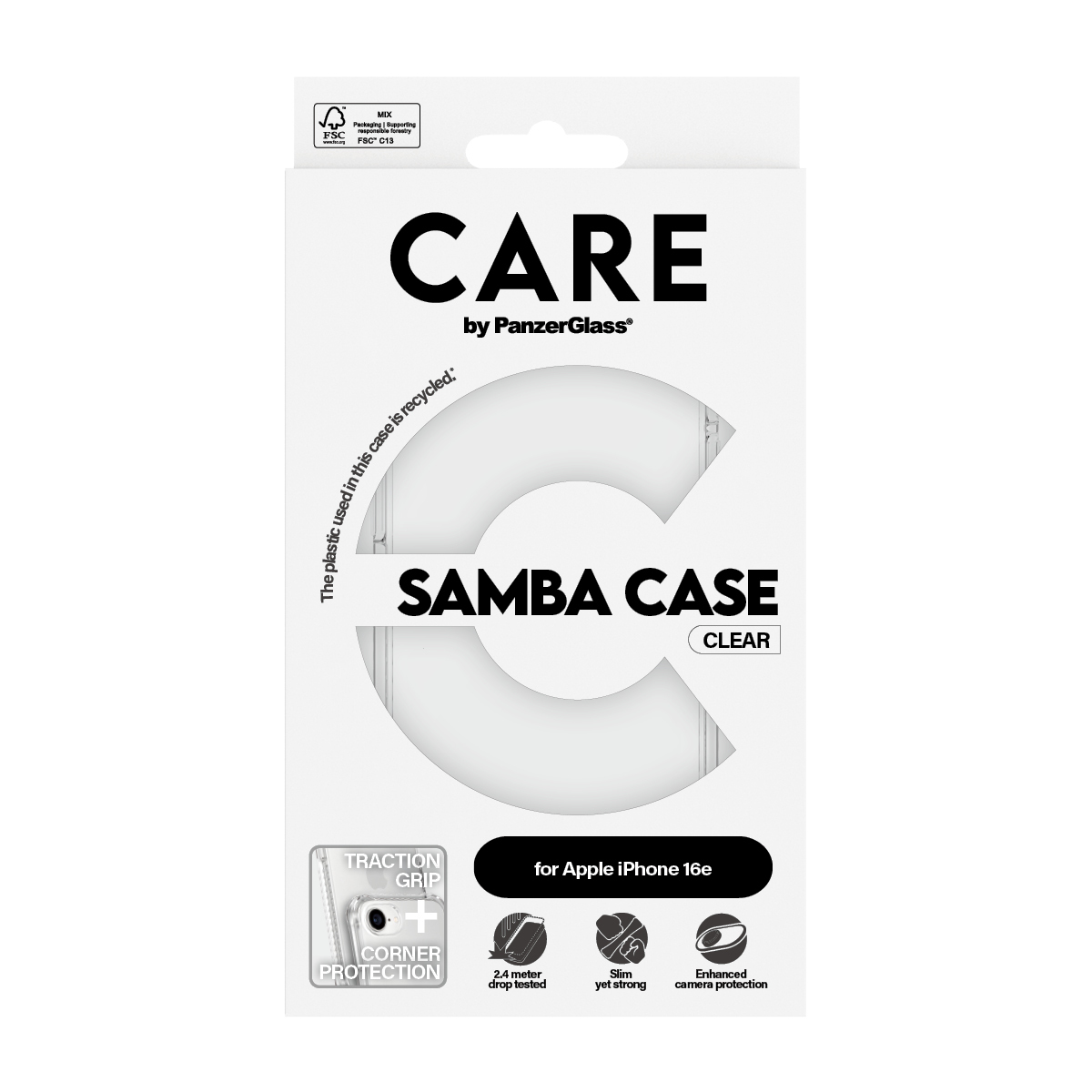 Emballage pour une coque transparente "Samba Case" pour iPhone 16e avec grip.