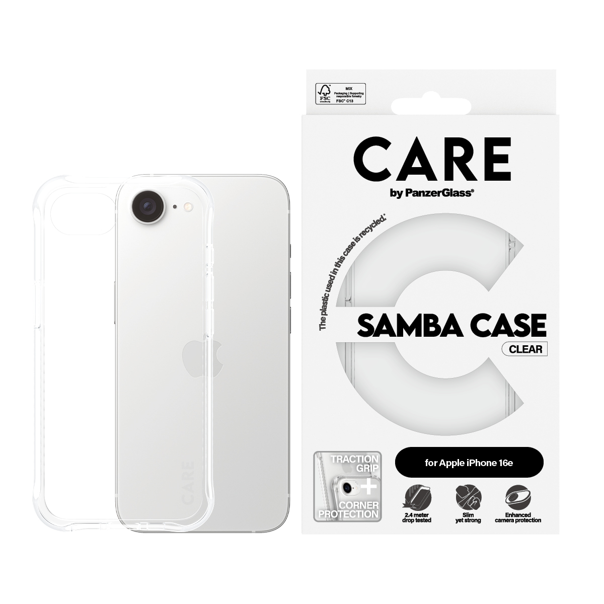 Coque transparente pour iPhone 16e, avec détails d'emballage. Protection d'angle.
