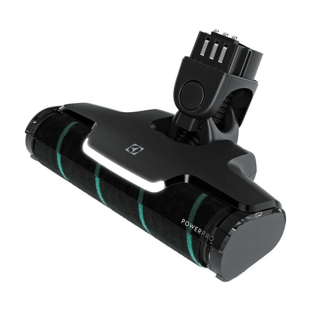 Tête de brosse d'aspirateur noire rayée de turquoise, avec label 'POWERPRO'.