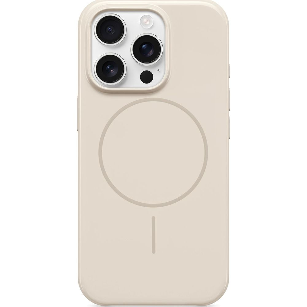 Eine beige Hülle für ein iPhone mit drei Kameralinsen und einem kreisförmigen Muster.