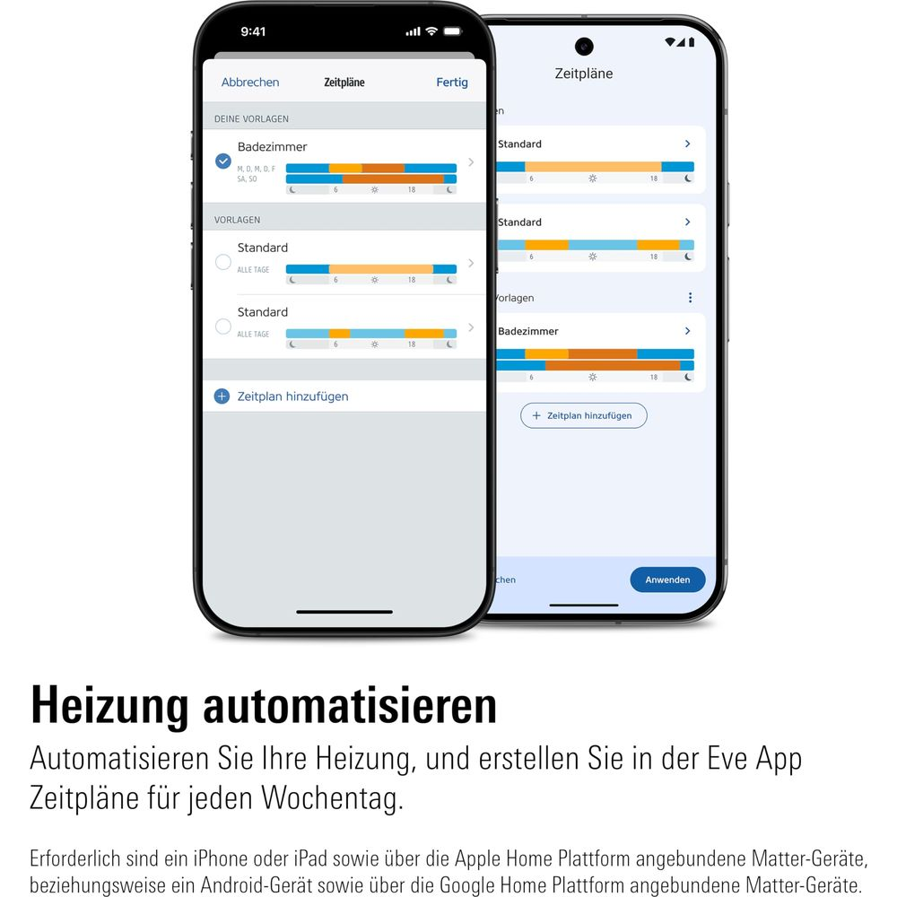 Dwa smartfony pokazują aplikację Eve do sterowania ogrzewaniem.