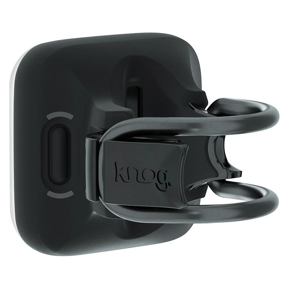 Ein schwarzer Fahrradhalter mit dem Knog-Logo.