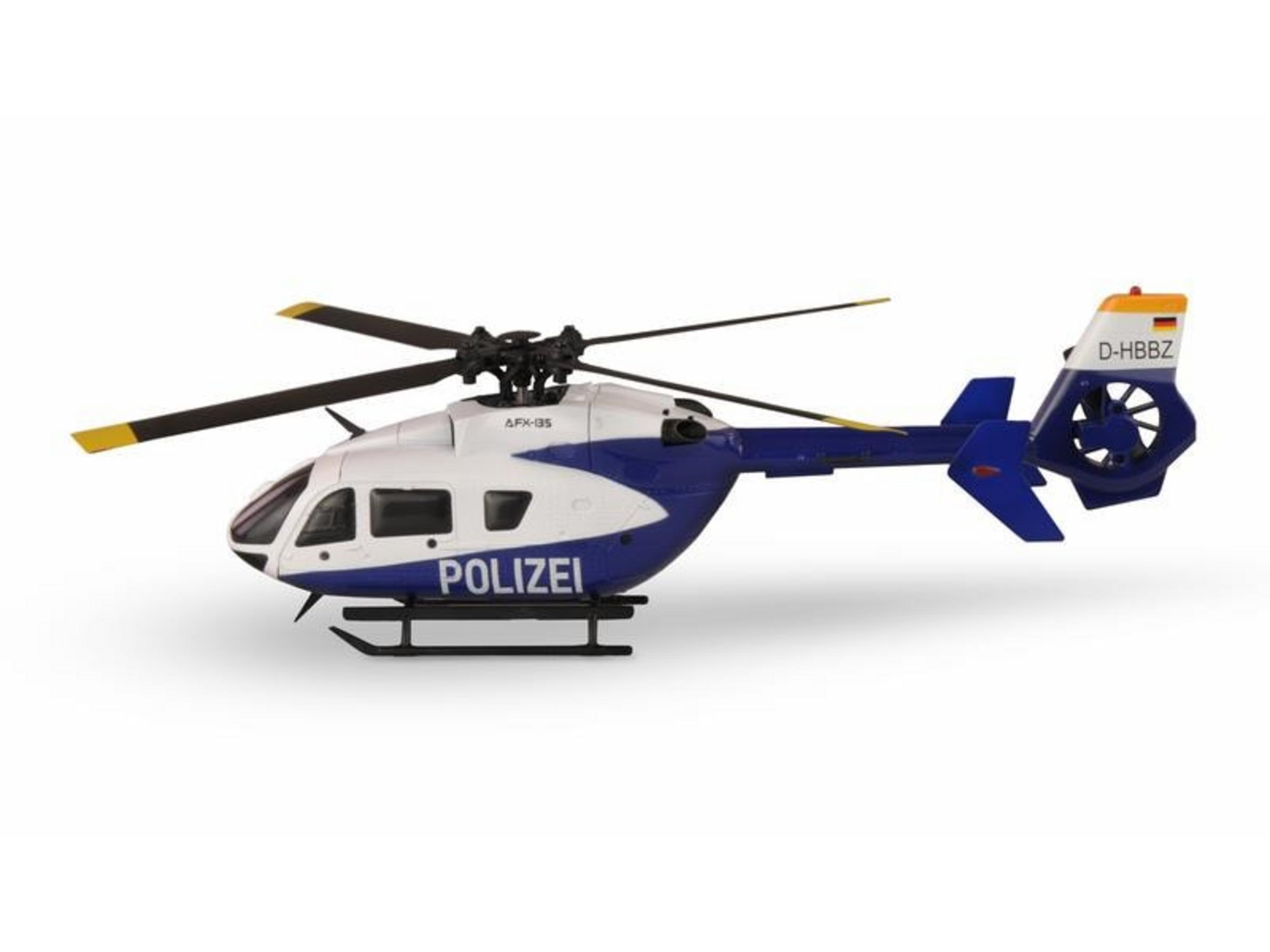 Un helicóptero policial blanco y azul con la palabra POLIZEI.