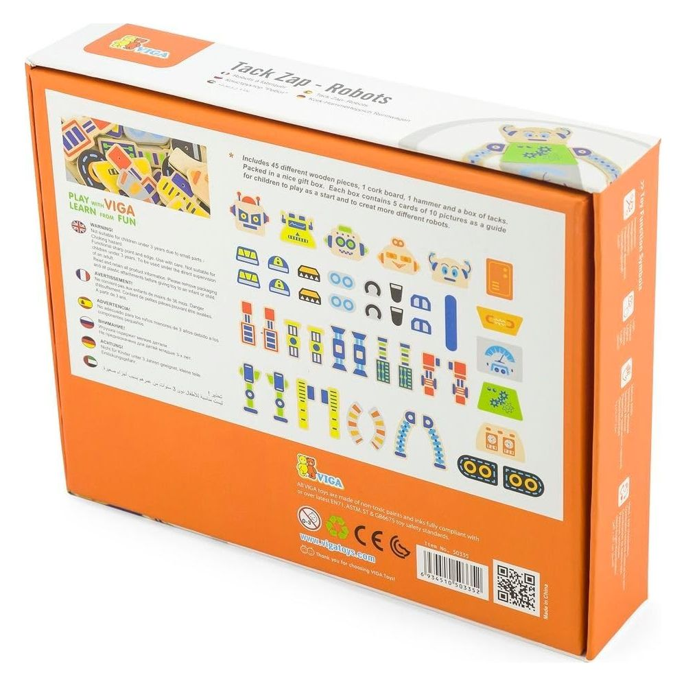 Verpackung für ein Holzroboter-Spielzeug mit vielen bunten Teilen.